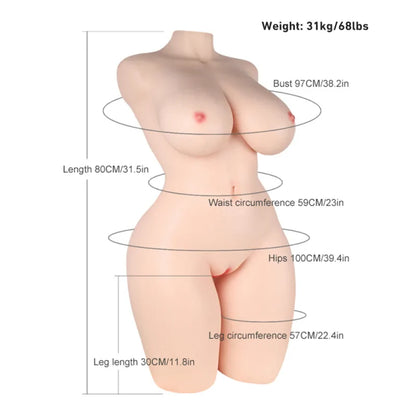 Lauren - 68.34 lbs Super Realistic BBW Silicone Sex Torso with Big Boobs Areola