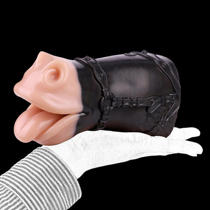 RealVagina Realistic Horse Mouth Pocket Pussy Masturbator on a hand showcasing its detailed design and texture